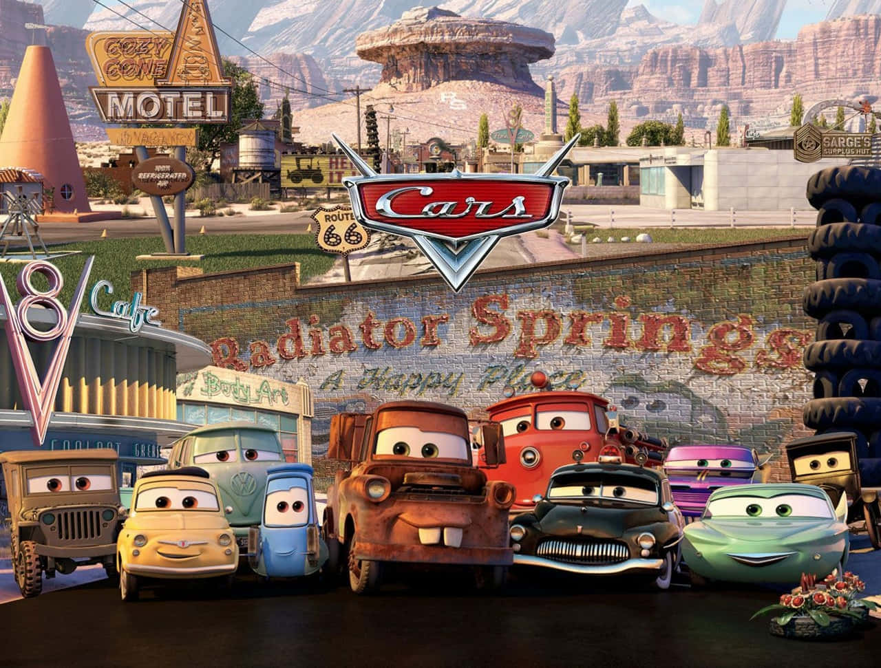 Cars Animated Movie Characters In Radiator Springs Background