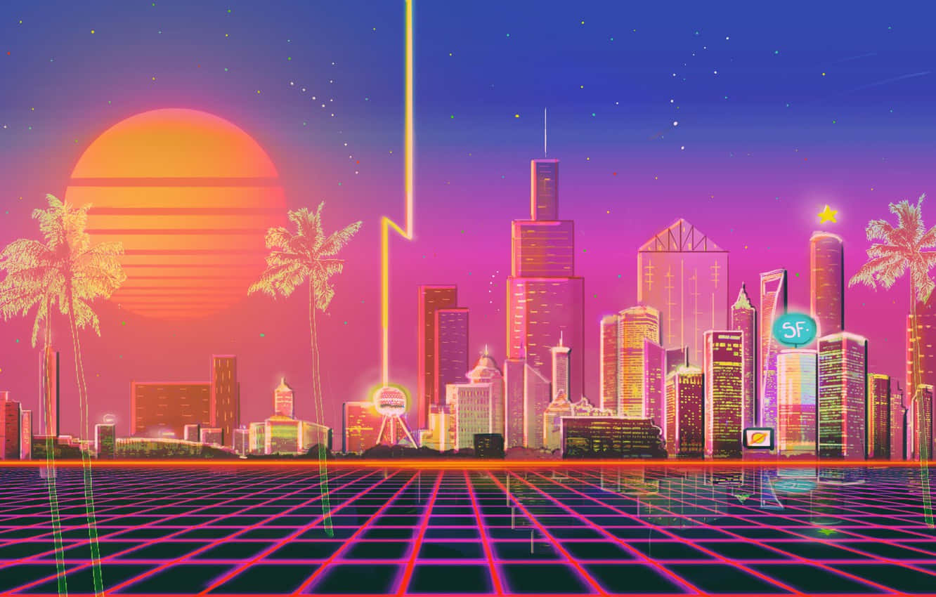 Cars, Buildings And Colorful Lights Illuminate The Night In Synthwave City. Background