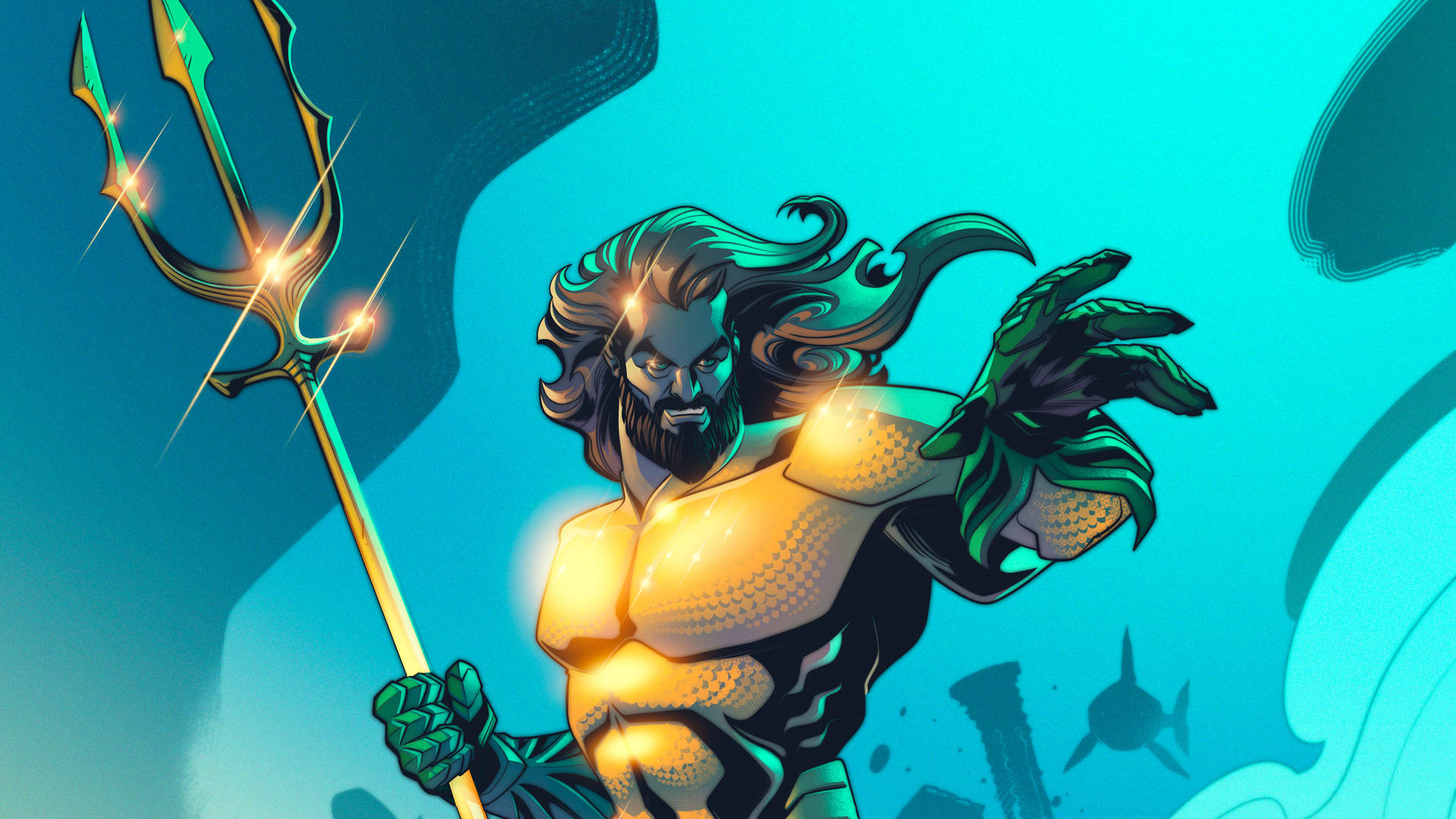 Cartoon Aquaman With Trident Background