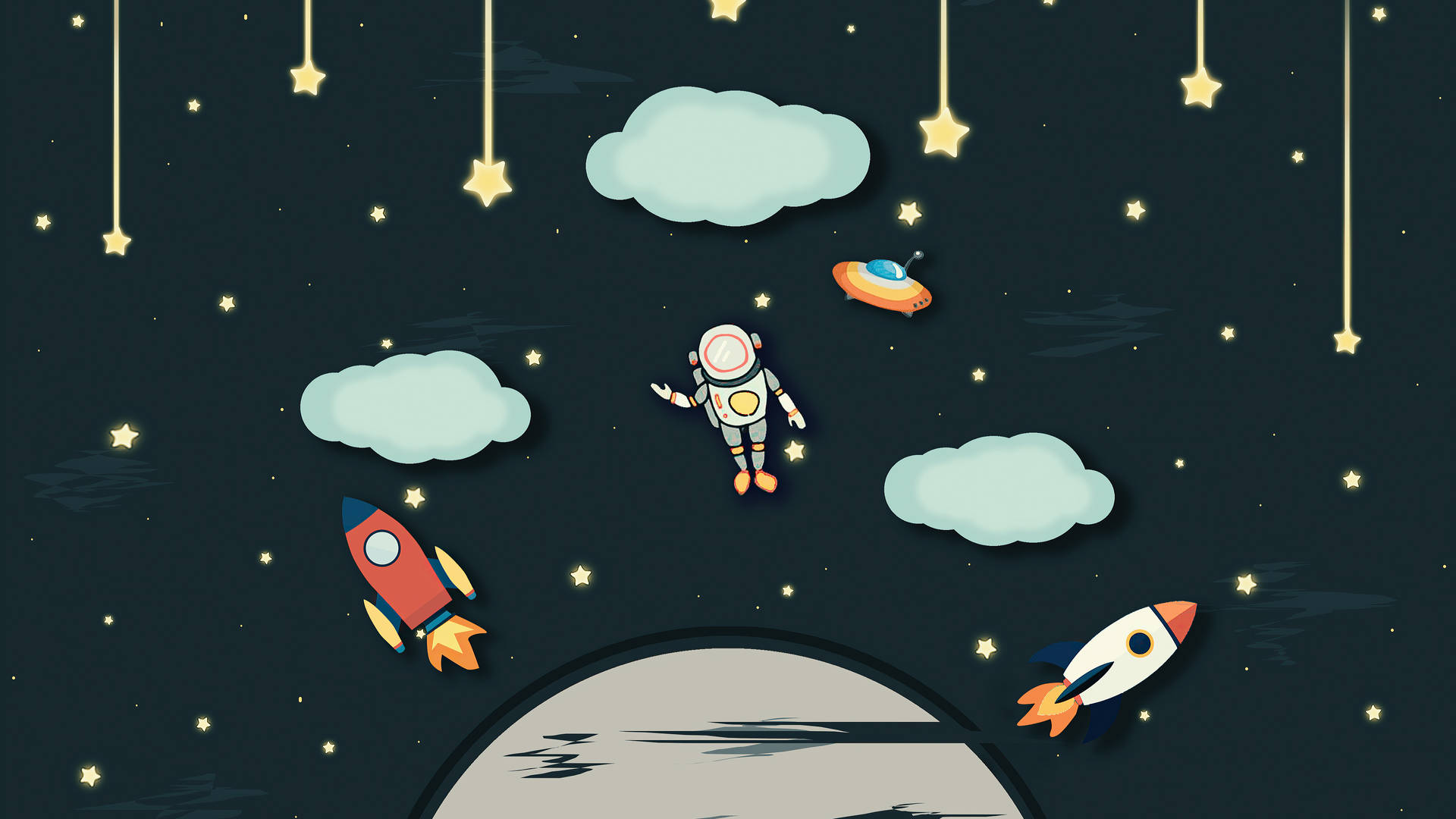 Cartoon Astronaut Among Rocket Ships Background