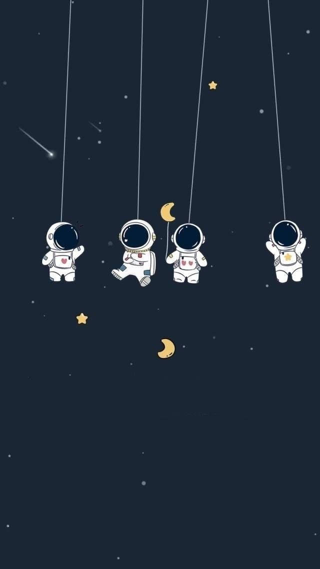 Cartoon Astronaut Group Hanging From Strings Background
