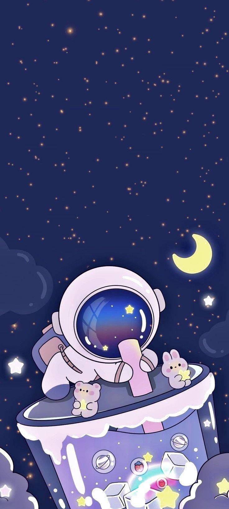 Cartoon Astronaut Sipping From Large Cup Background