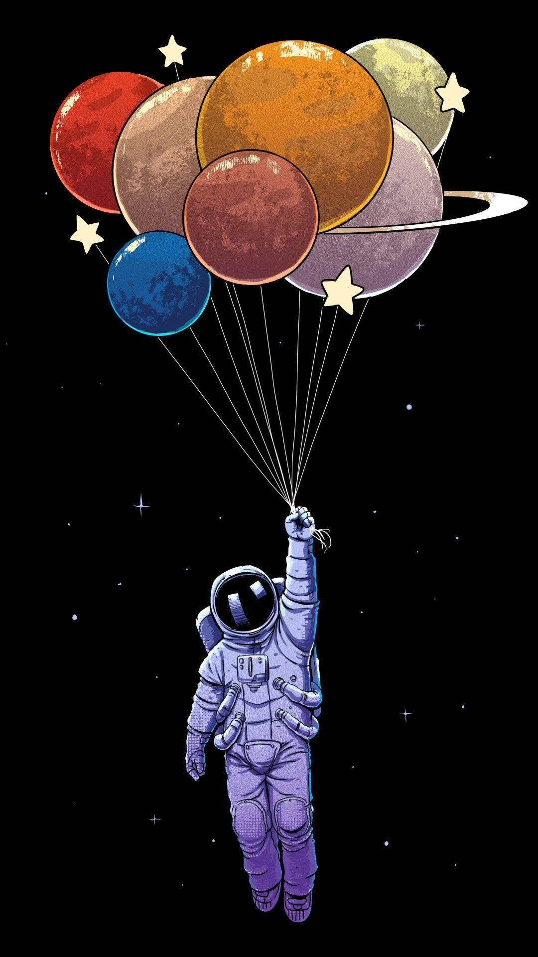 Cartoon Astronaut With Planet Balloons Background
