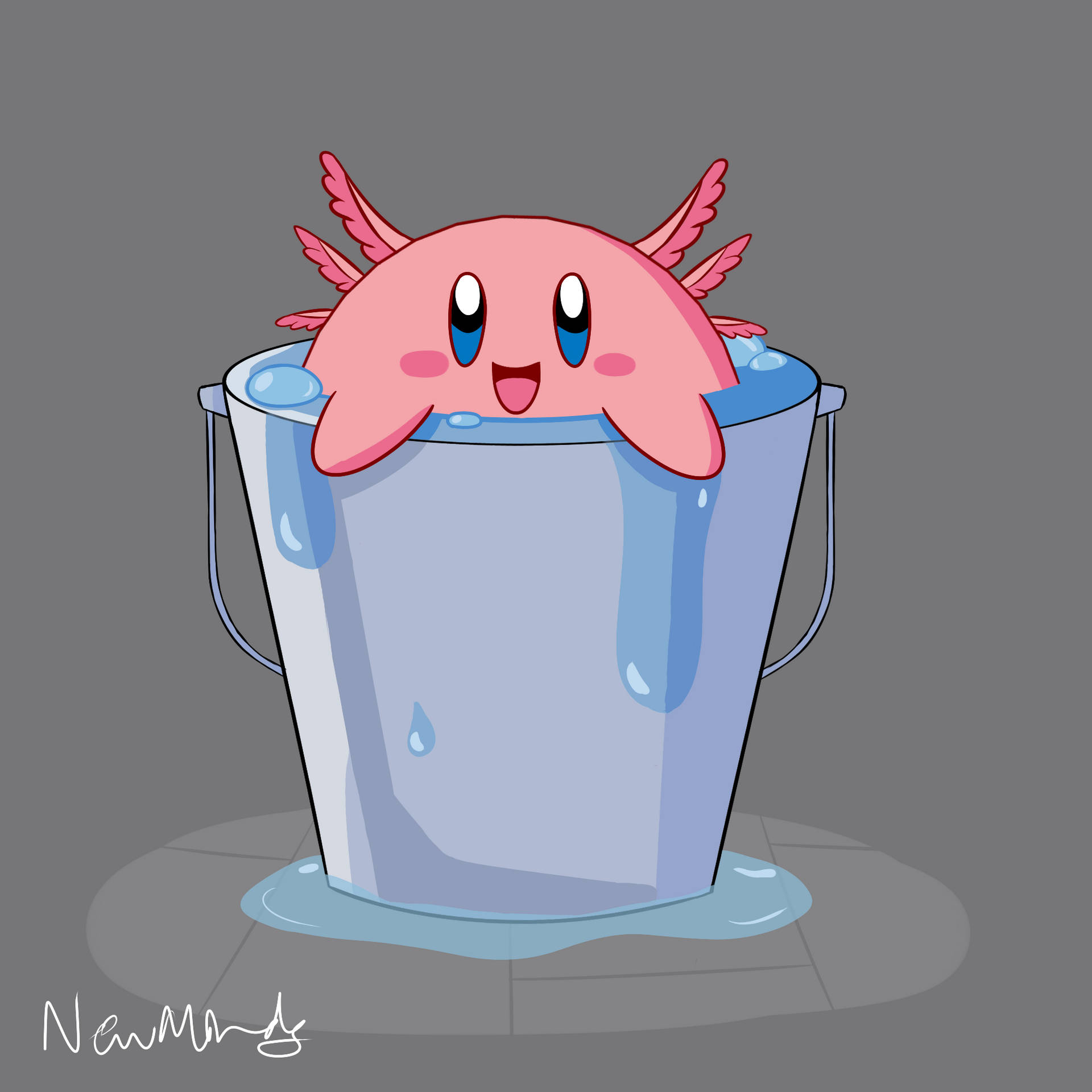 Cartoon Axolotl In A Bucket