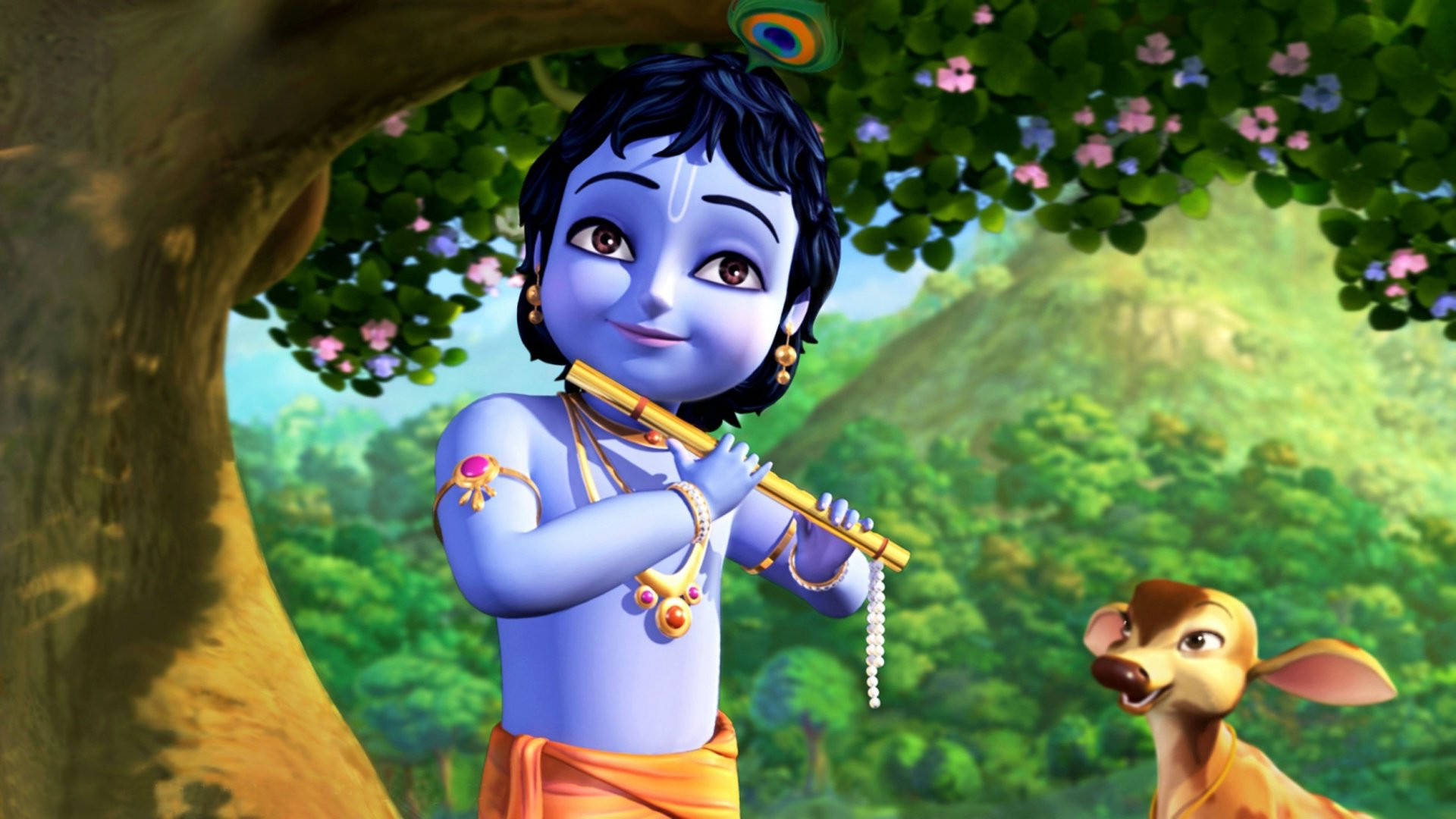 Cartoon Bal Krishna Playing The Flute Background
