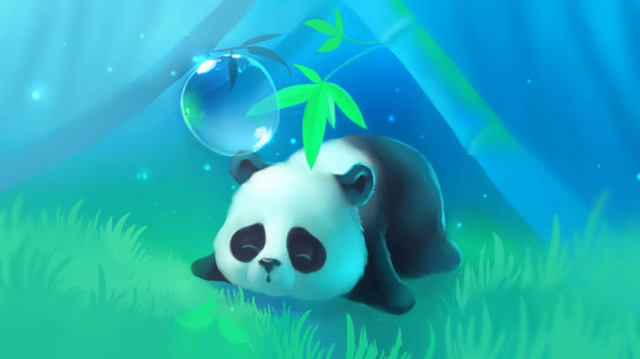 Cartoon Beautiful Panda Sleeping In Grass Background