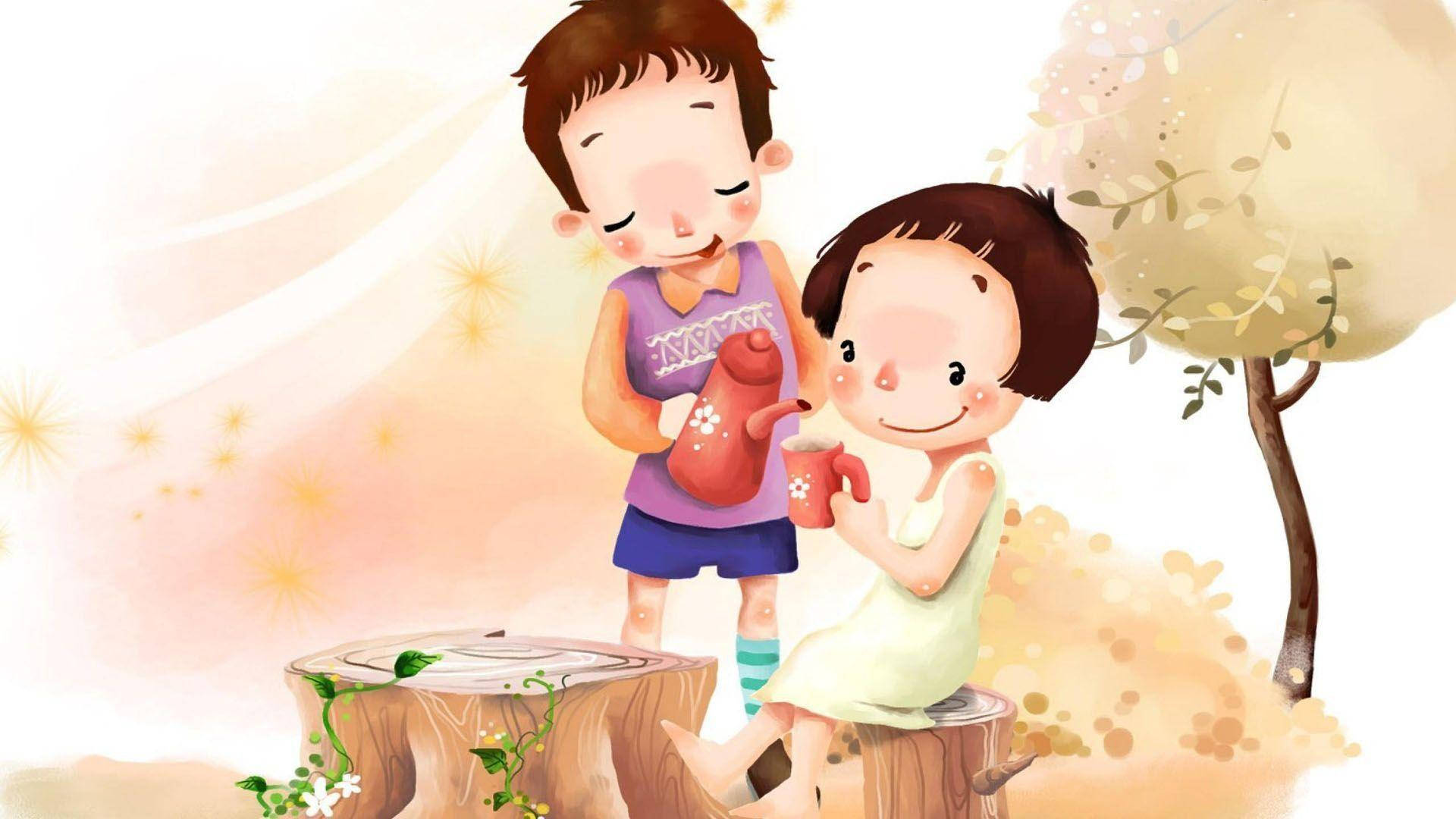 Cartoon Boy And Girl Playing Background