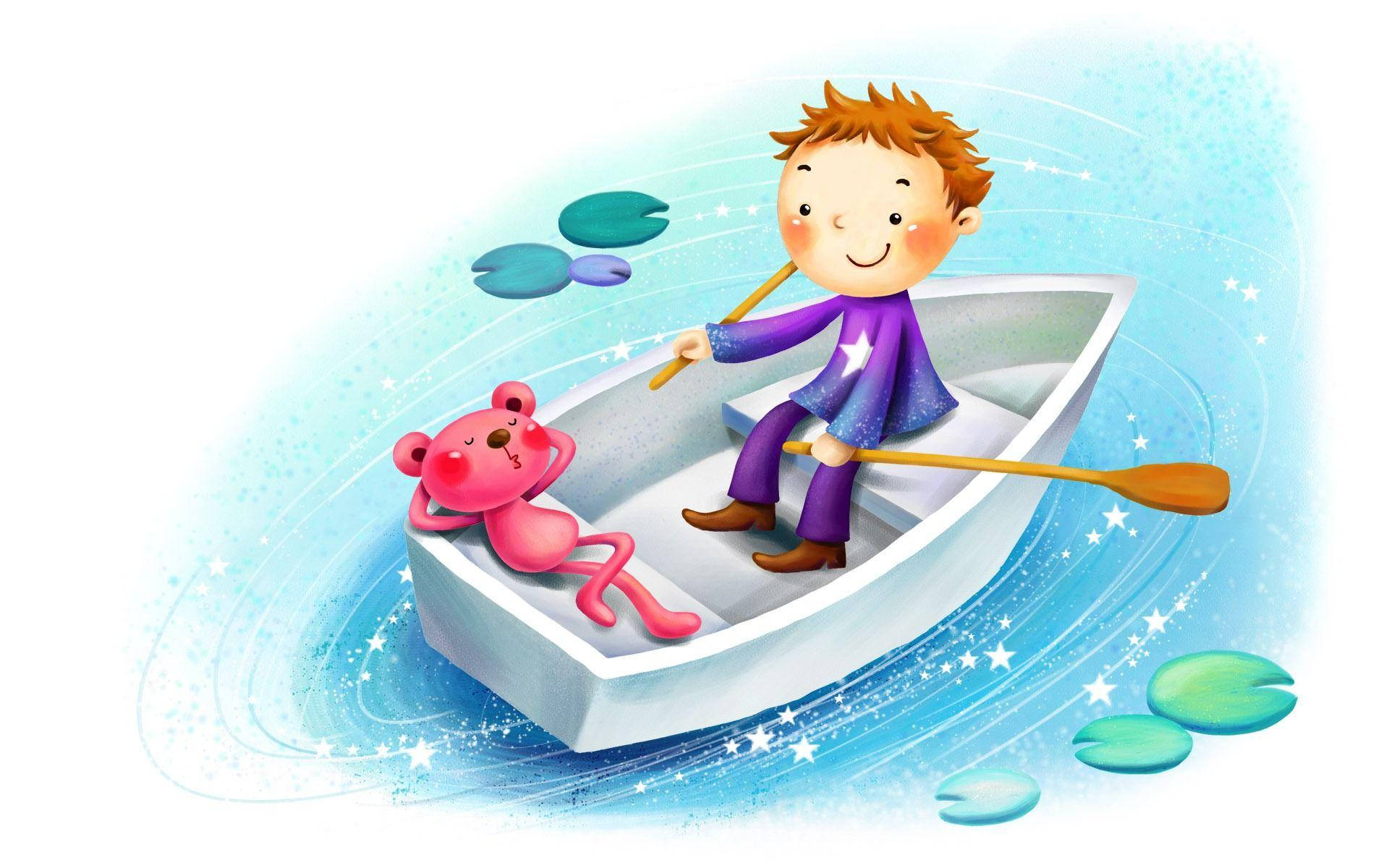 Cartoon Boy On Boat Background