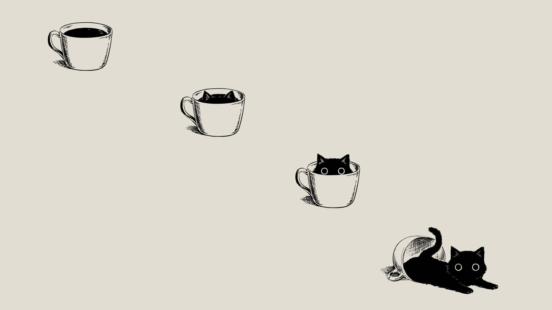 Cartoon Cat Pondering Life On A Coffee Cup Background