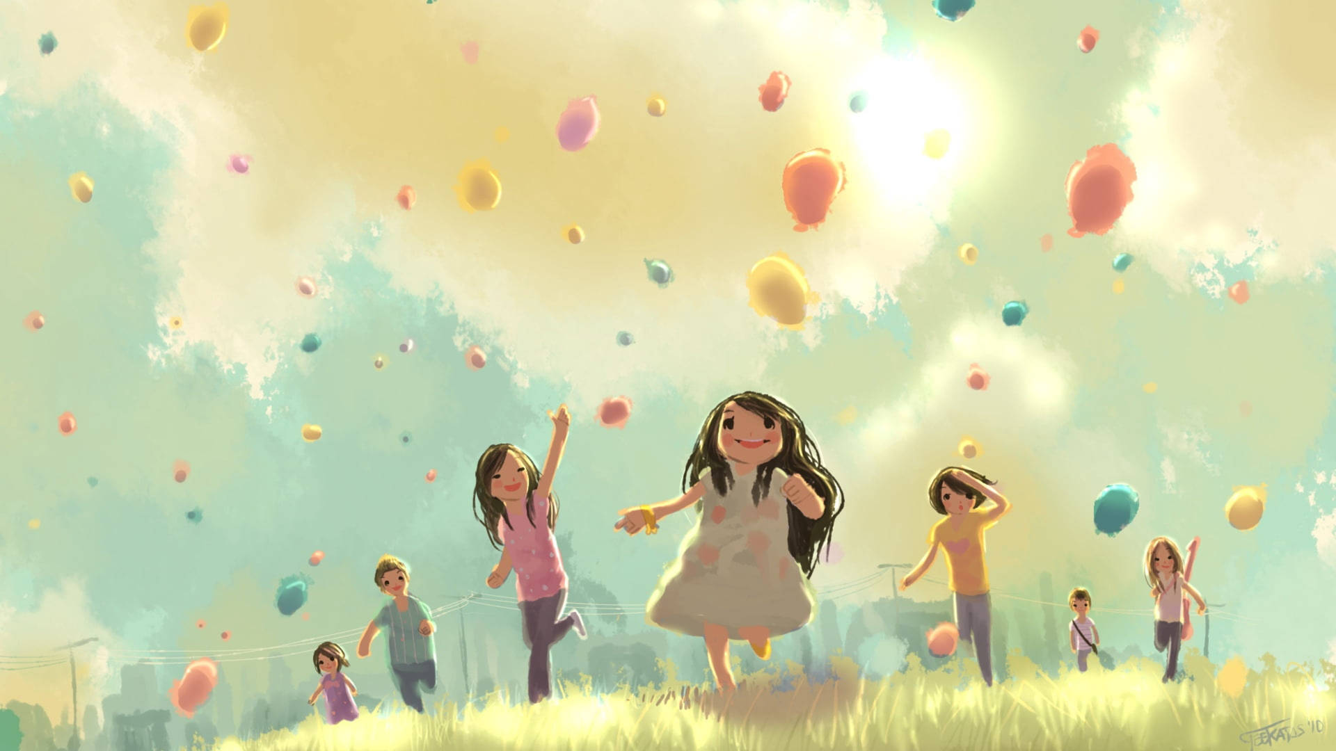 Cartoon Children Running In Field Background