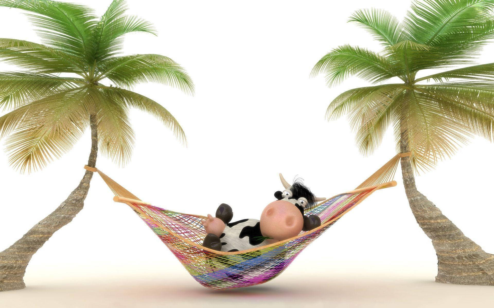 Cartoon Cow Relaxing On A Hammock Background
