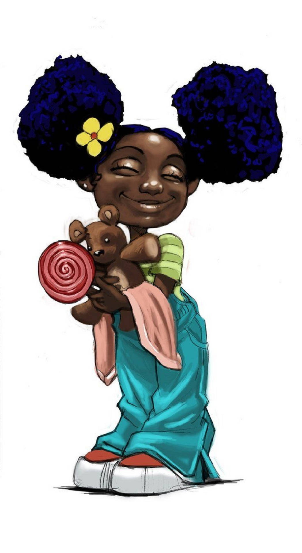 Cartoon Cute Black Girl With Teddy Background