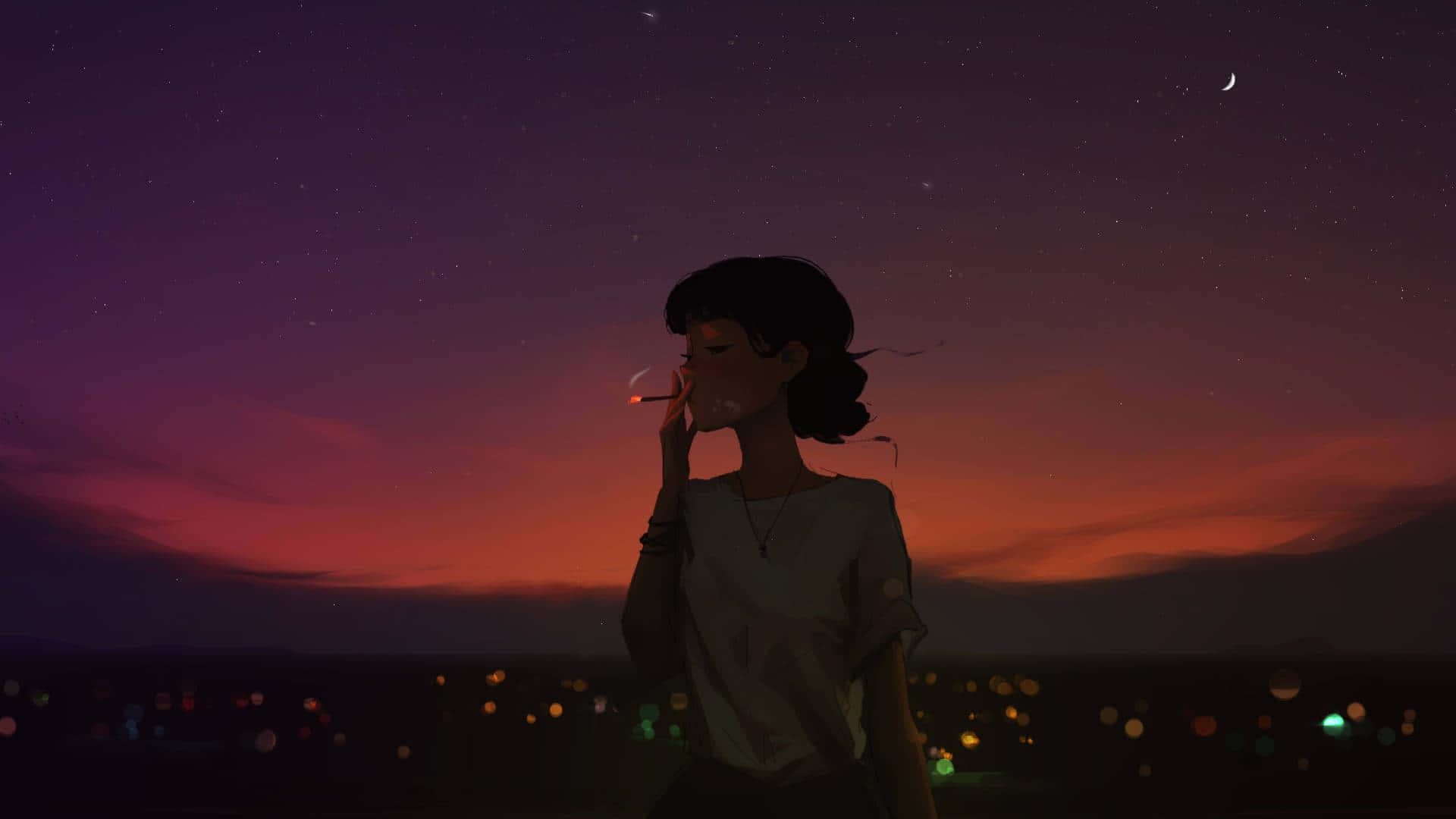 Cartoon Digital Painting Girl Smoking Background
