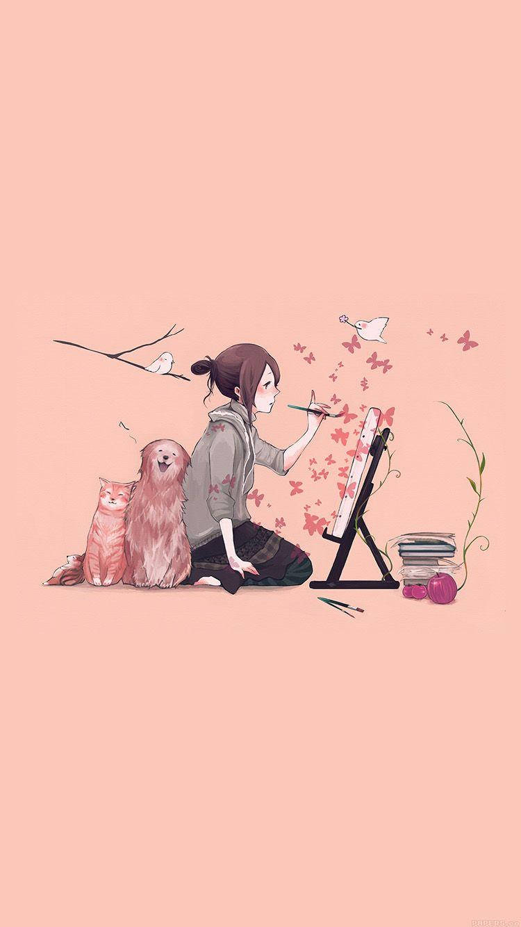 Cartoon Dog With Girl Painter