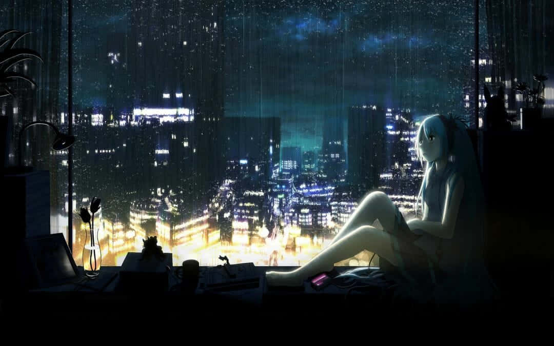 Cartoon Emo City Girl Sit Down Background