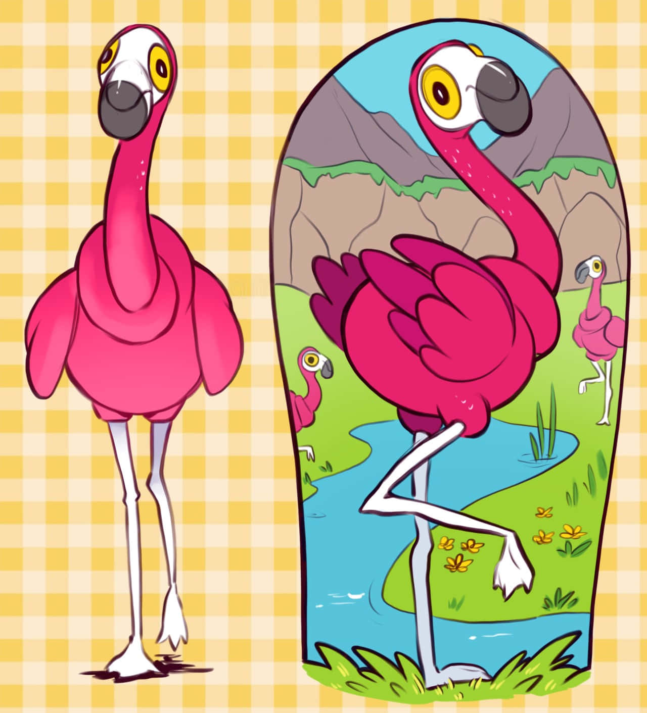 Cartoon Flamingo Reflection Illustration Background