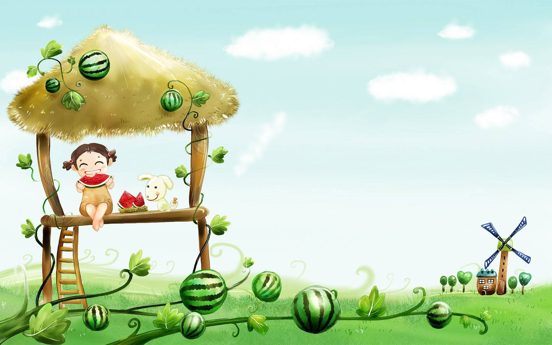Cartoon Girl And Dog Watermelons Background