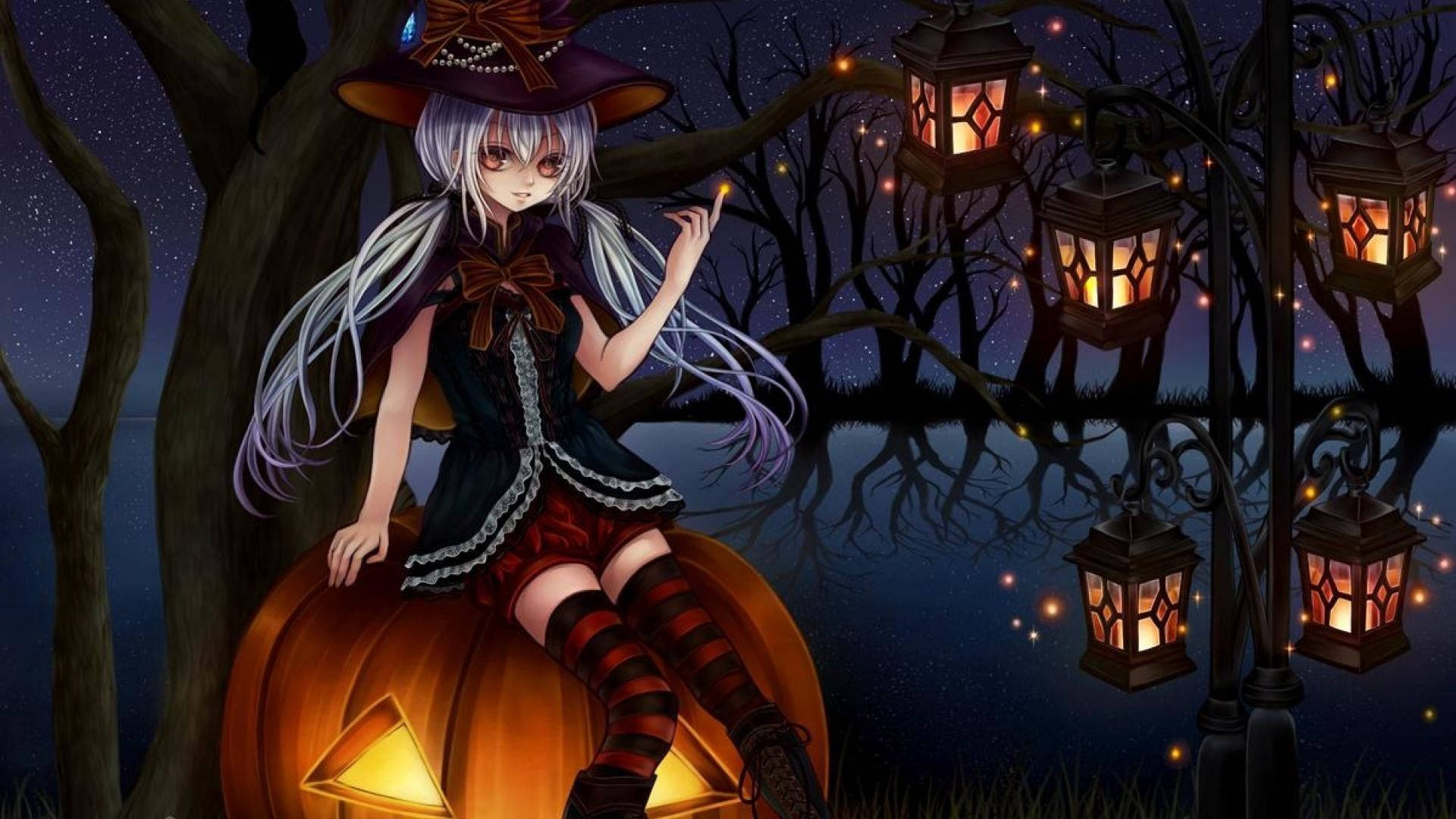 Cartoon Halloween Girl On Pumpkin Background