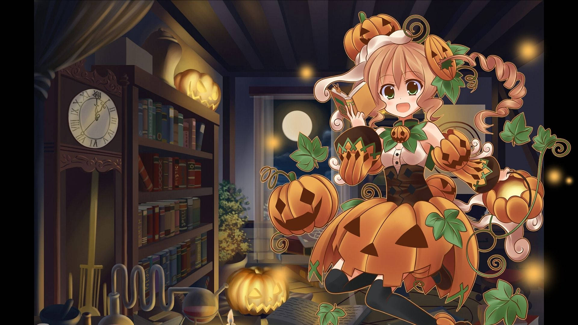 Cartoon Halloween Wearing A Pumpkin Dress Background