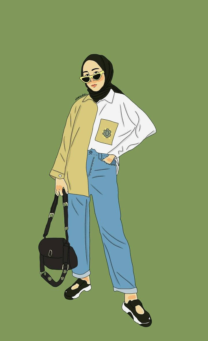 Cartoon Hijab Green Background