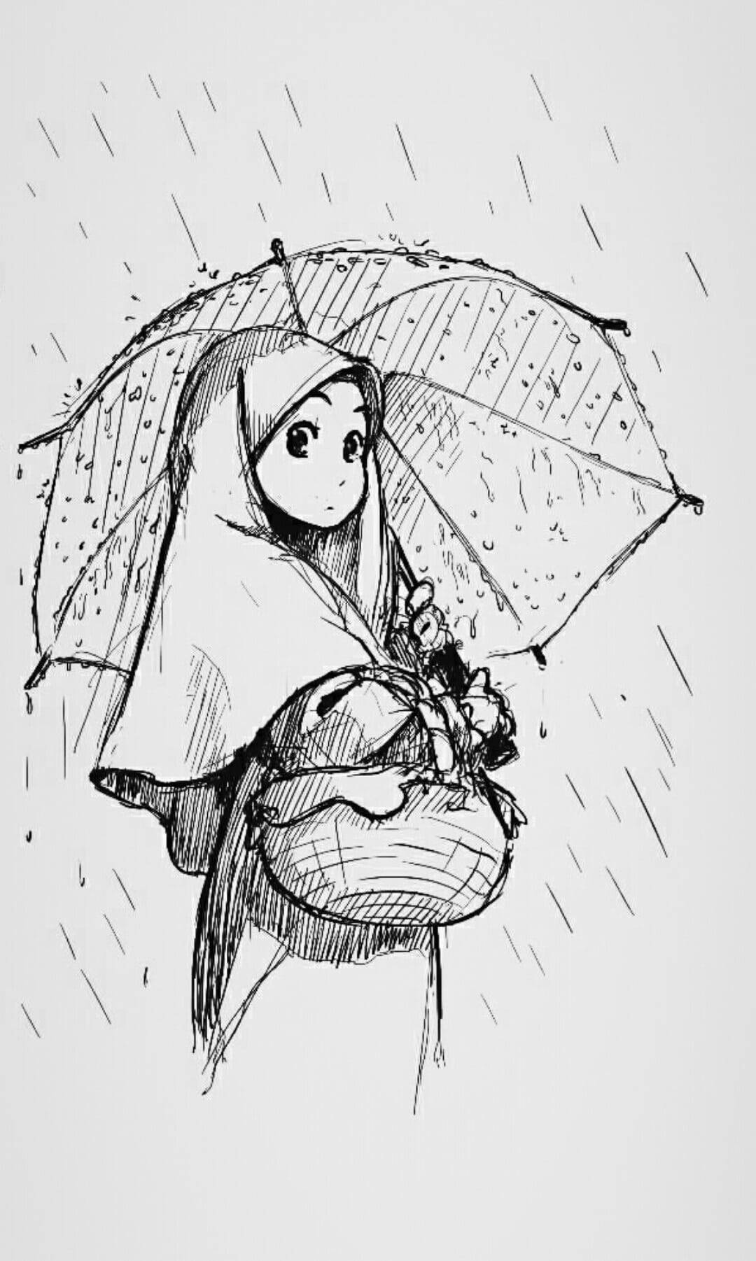 Cartoon Hijab Sketch Girl Background