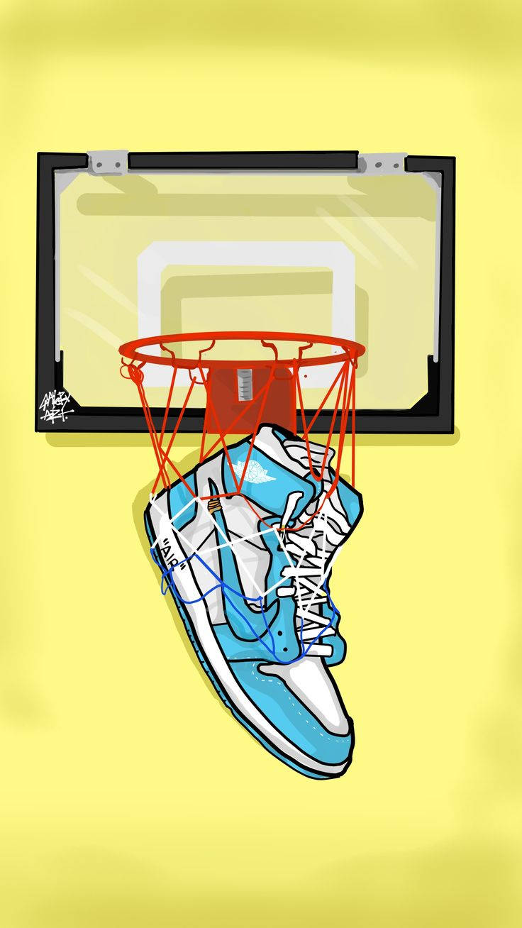 Cartoon Jordan Shoes On A Basketball Hoop Background