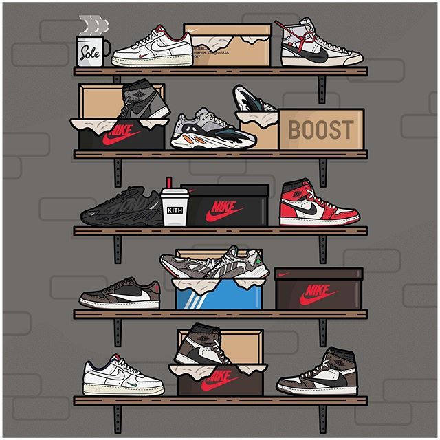 Cartoon Jordan Shoes On A Shoe Rack Background