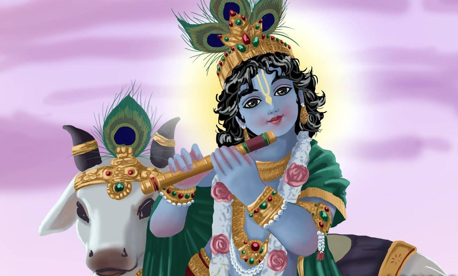 Cartoon Krishna And White Cow Background