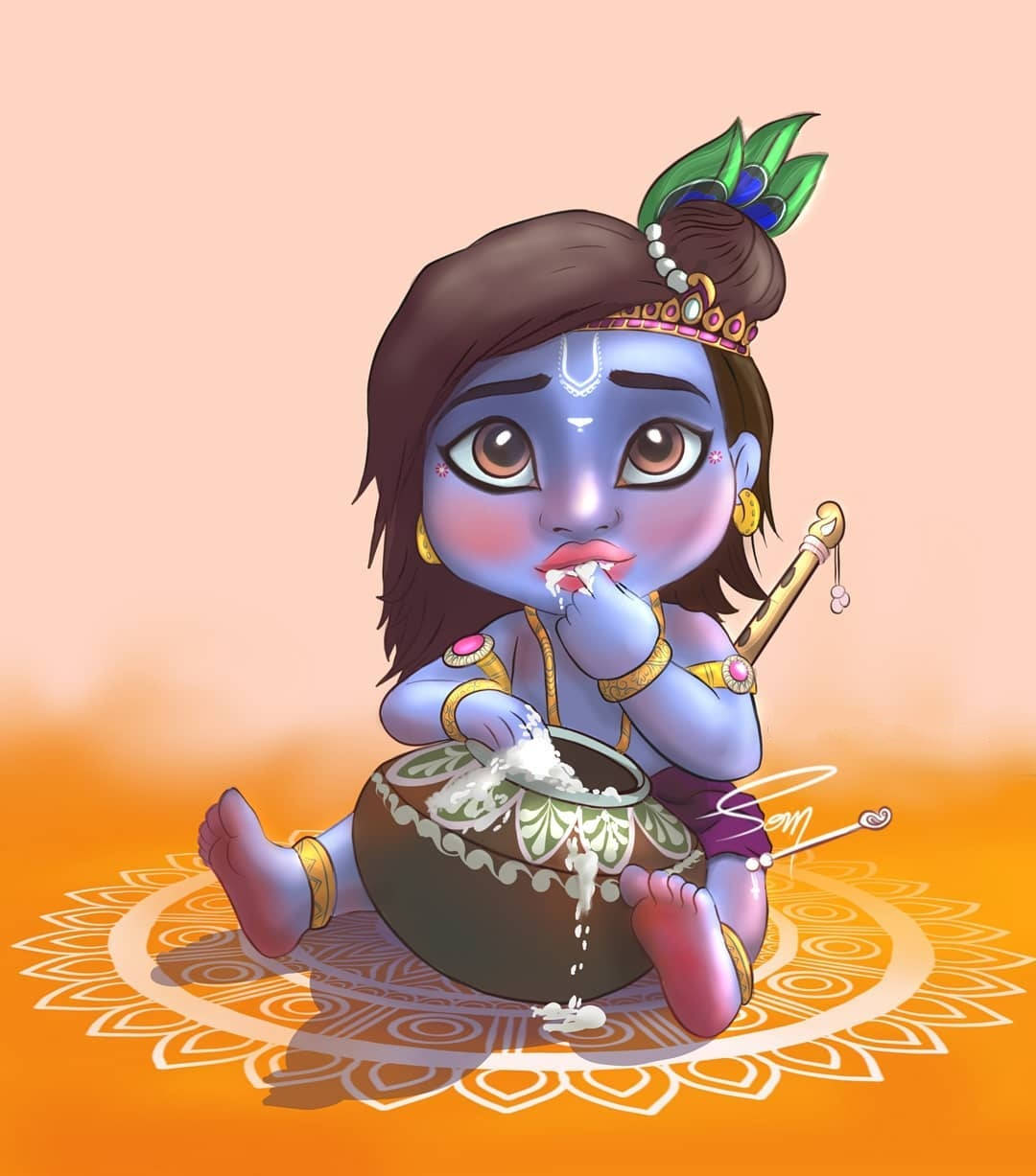 Cartoon Krishna Butter Lover Background