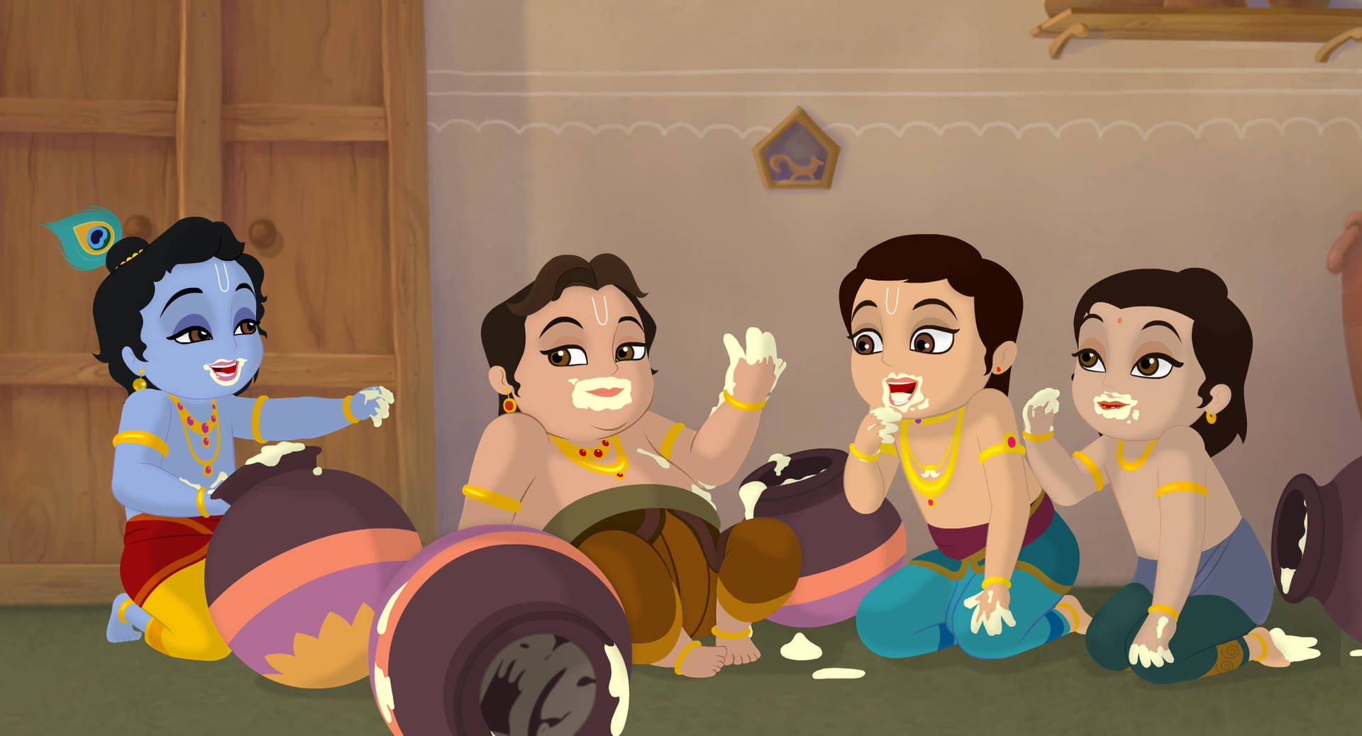 Cartoon Krishna Butter Scene Background