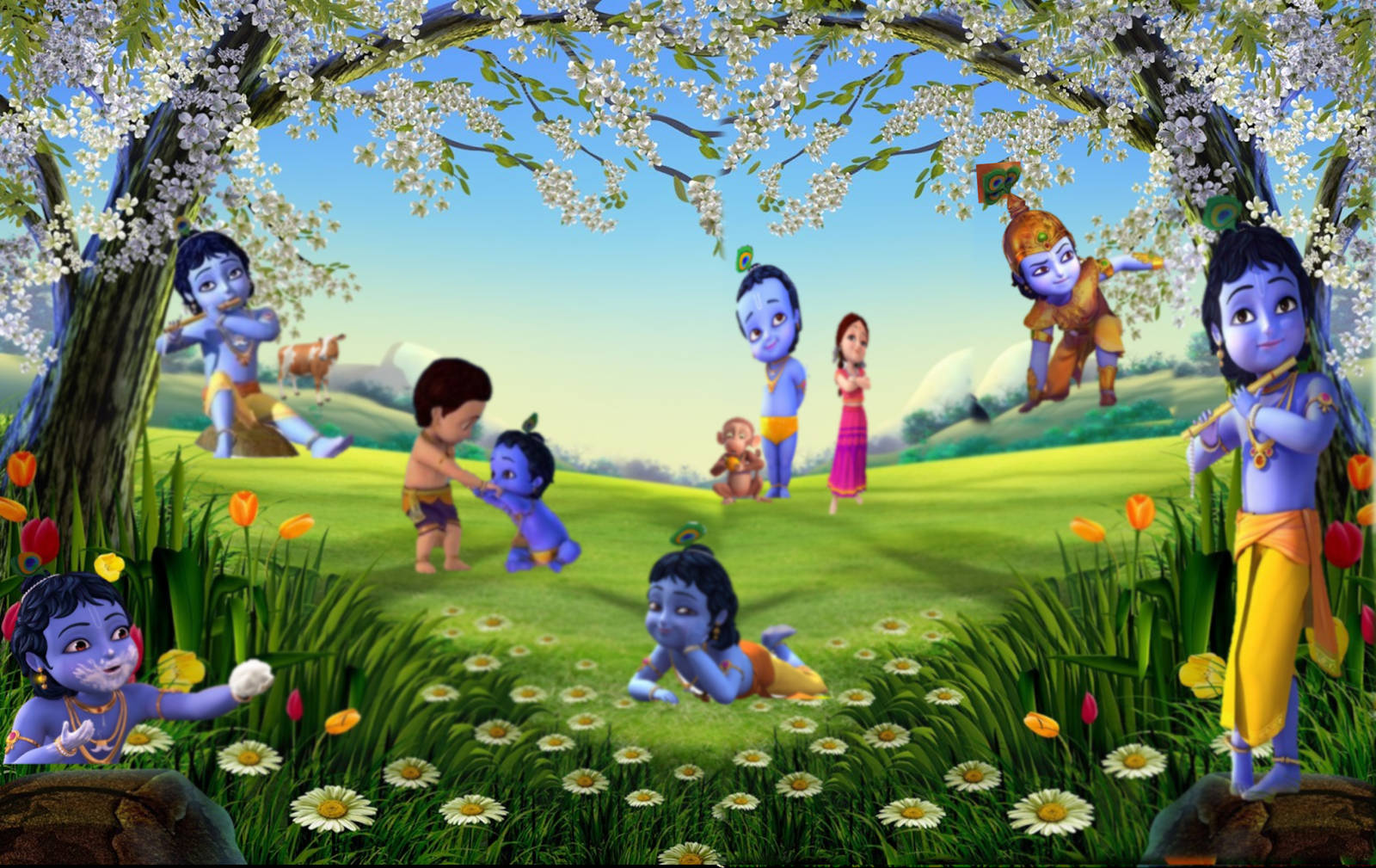 Cartoon Krishna Garden Background Background