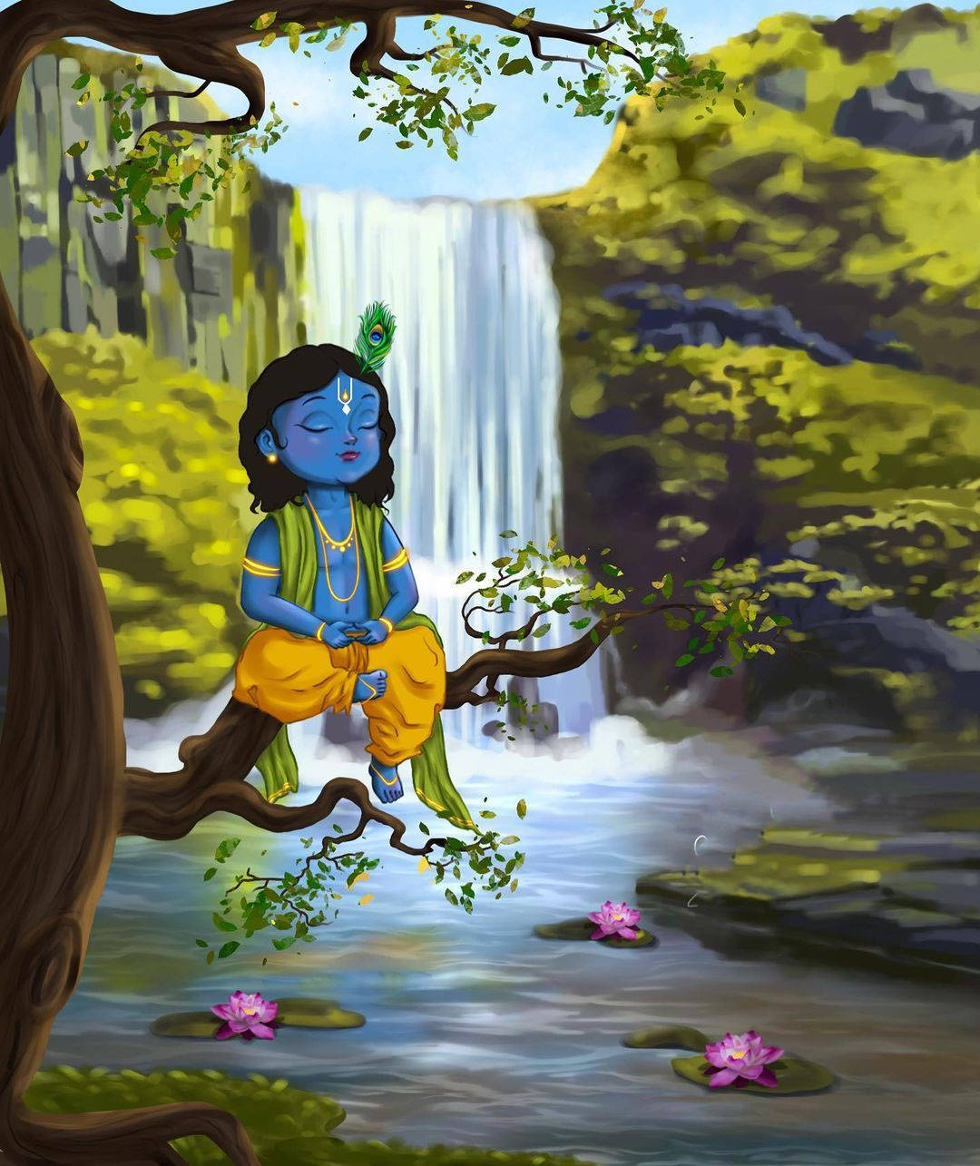 Cartoon Krishna Near Waterfall Background