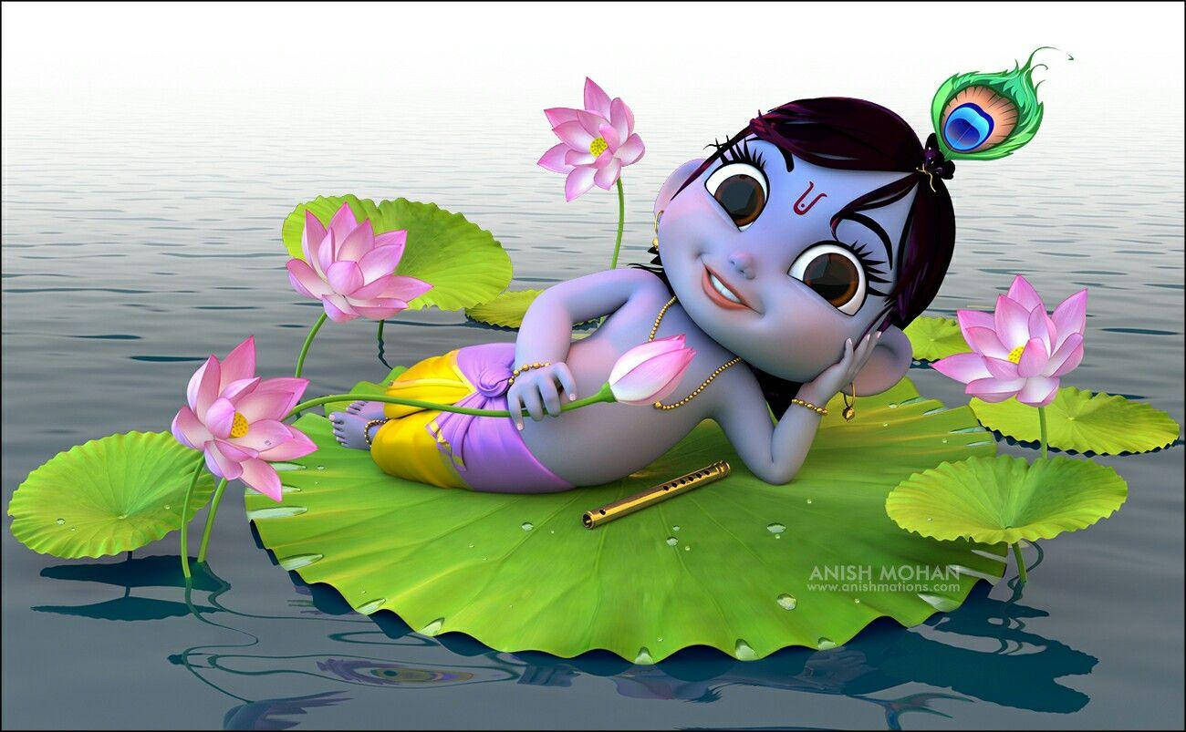 Cartoon Krishna On Lotus Flower Background