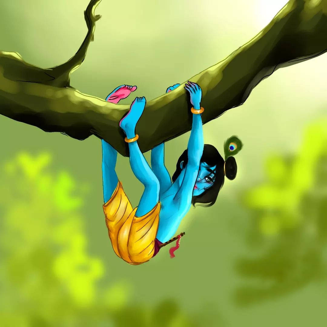 Cartoon Krishna On Tree Background