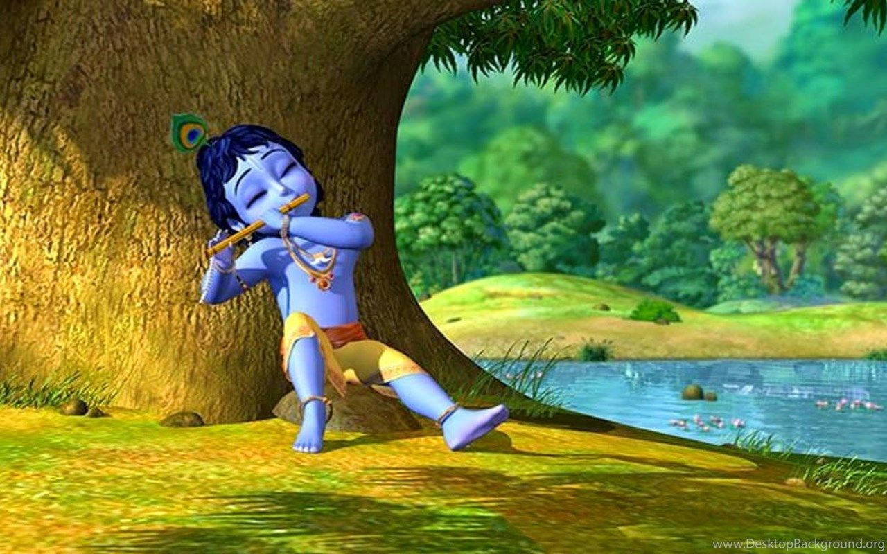 Cartoon Krishna With Flute Background