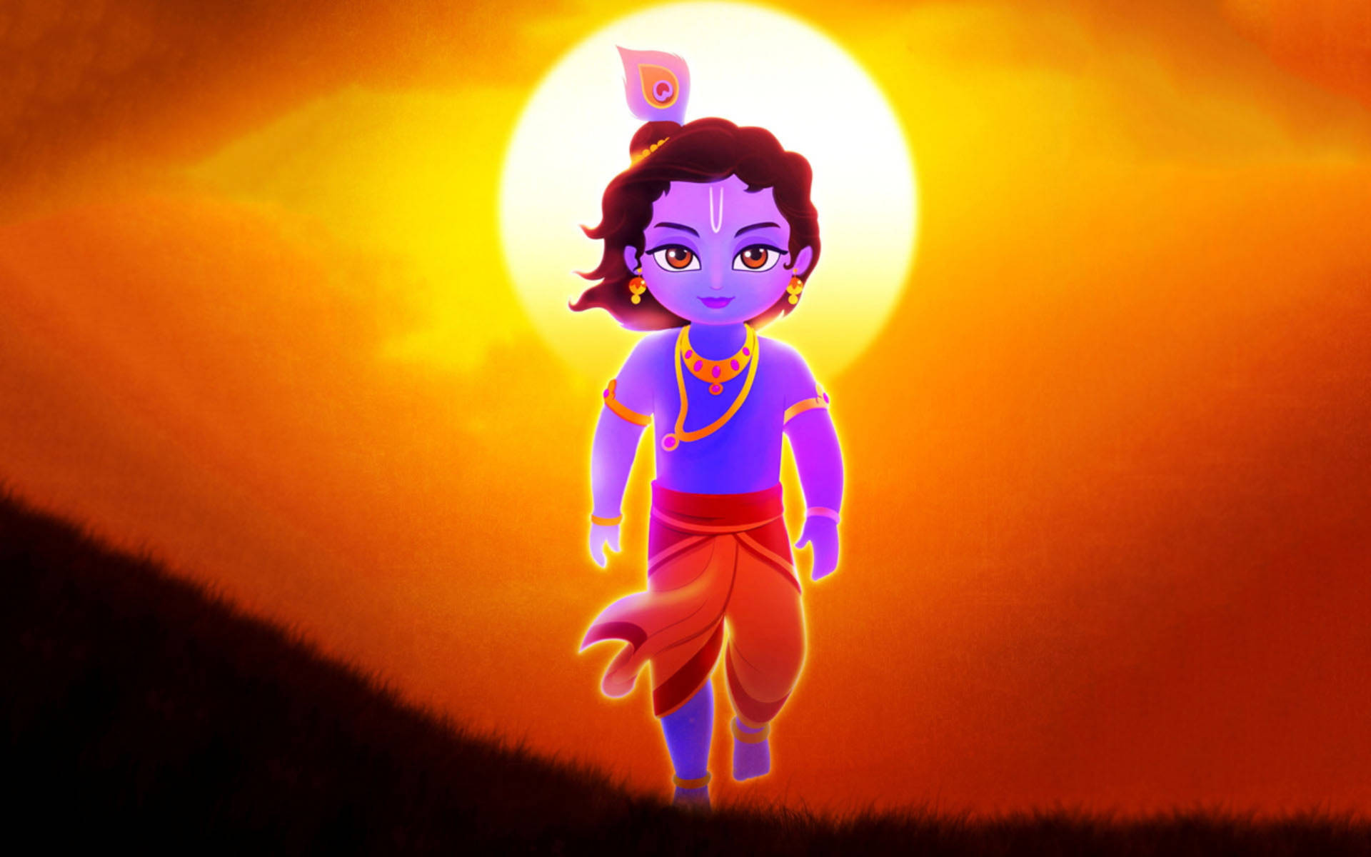 Cartoon Krishna With Sunset Background