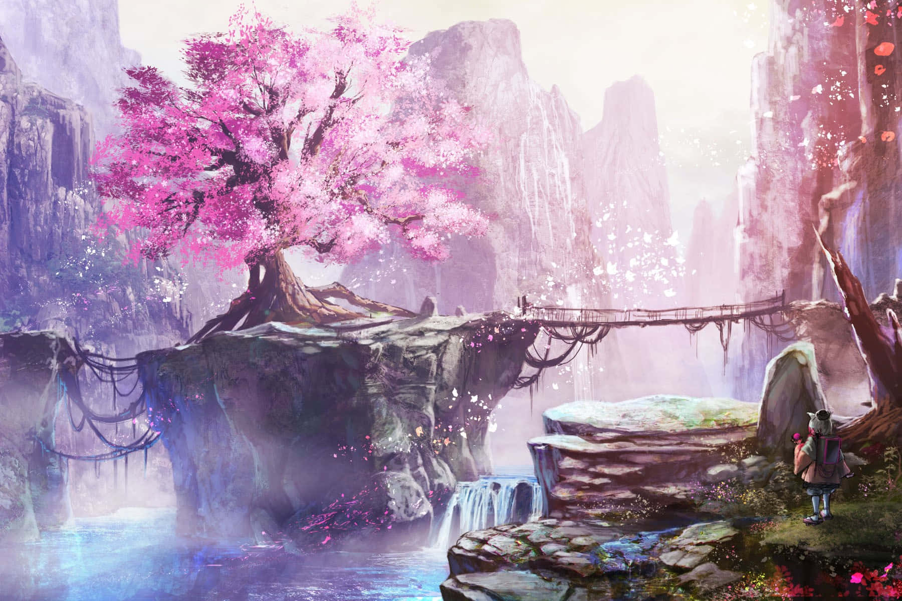 Cartoon Landscape Featuring A Dreamy Purple Lake Background