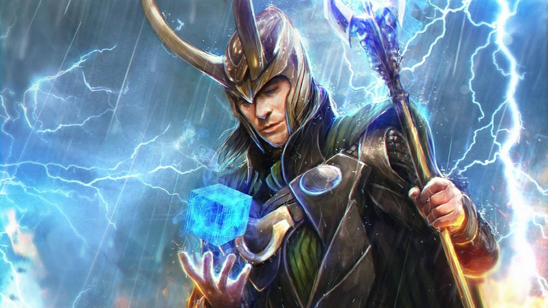 Cartoon Loki With Tesseract Background