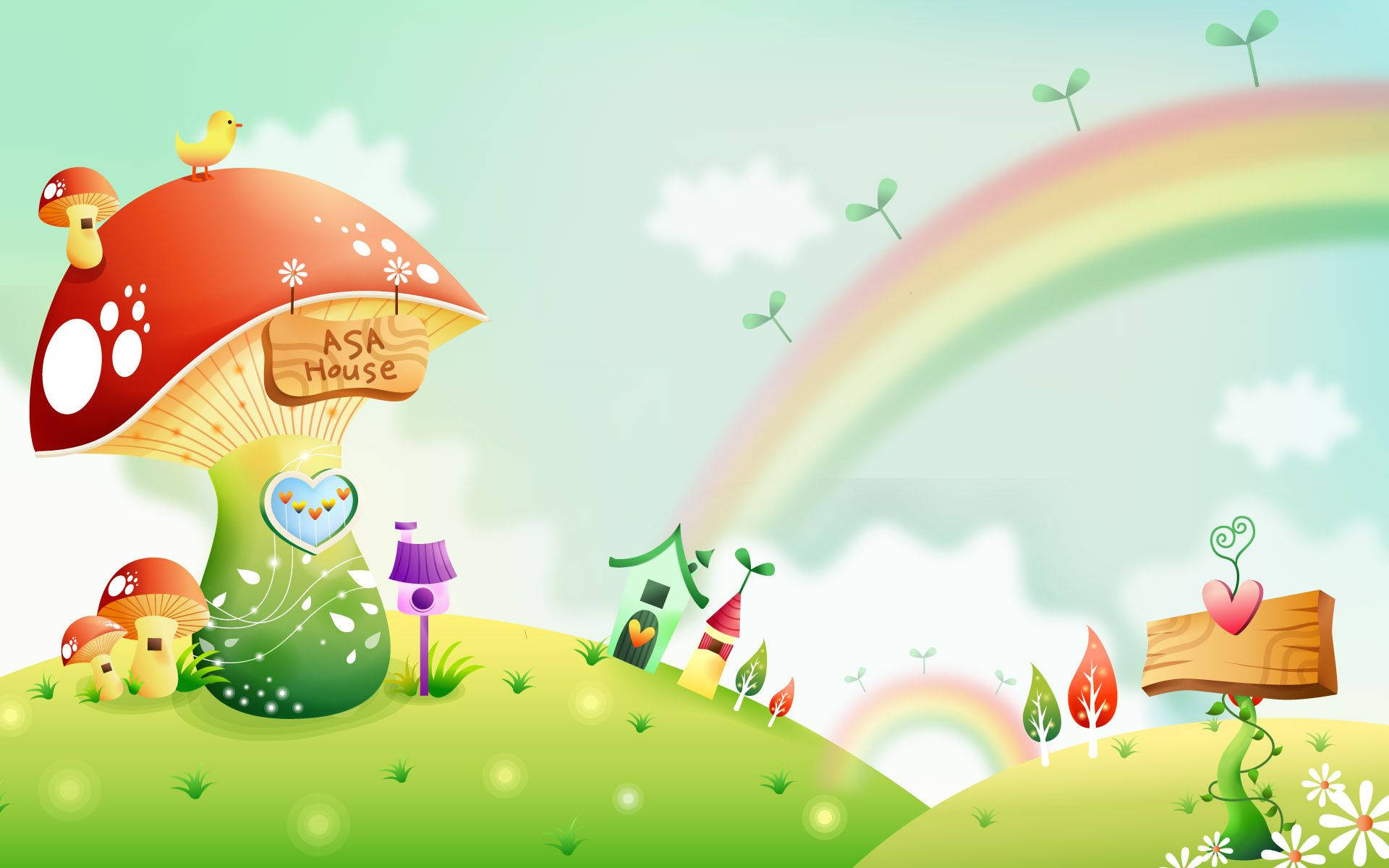 Cartoon Mushrooms And Rainbow Background