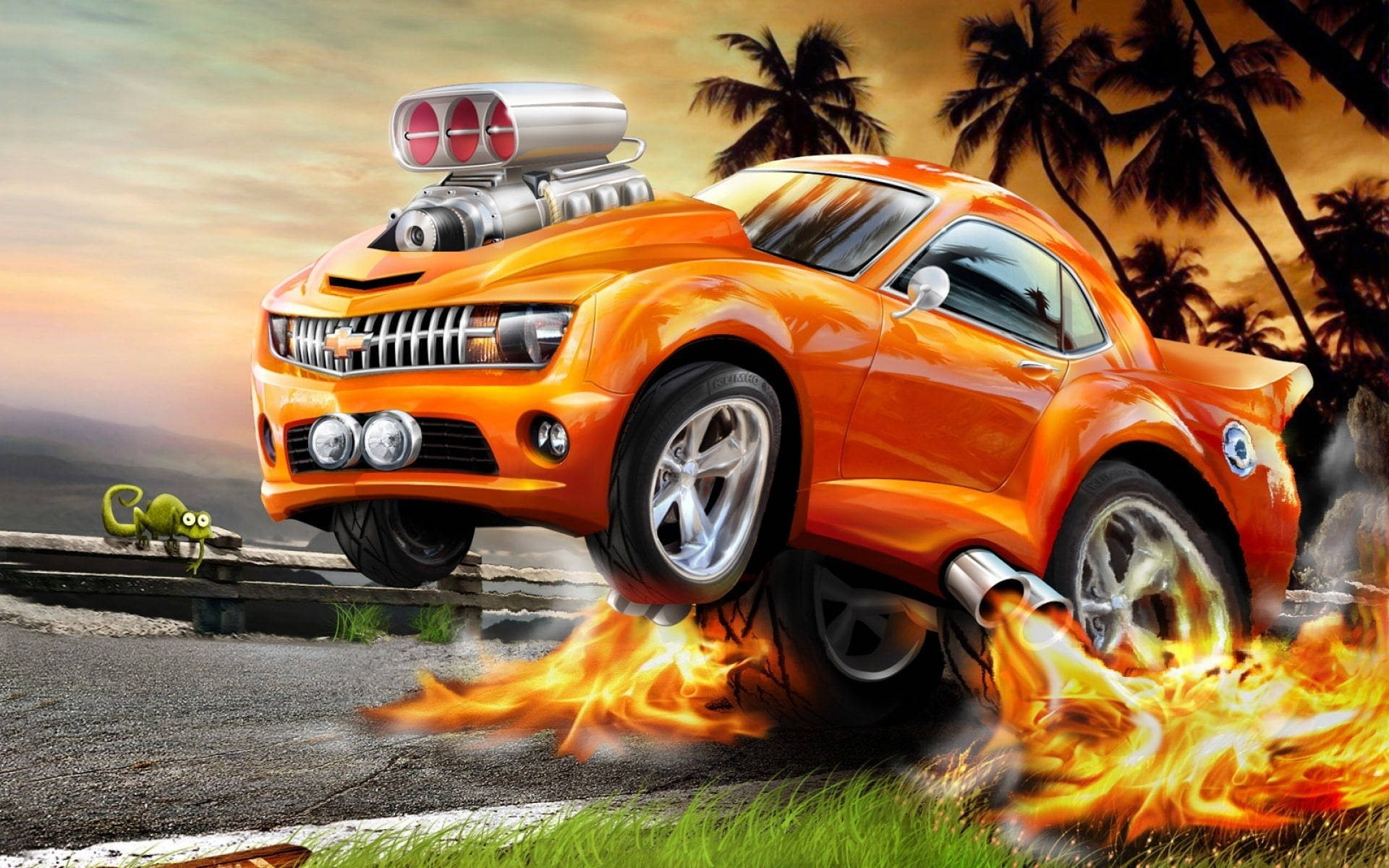 Cartoon Orange Fire Car Bursting Flames On Road