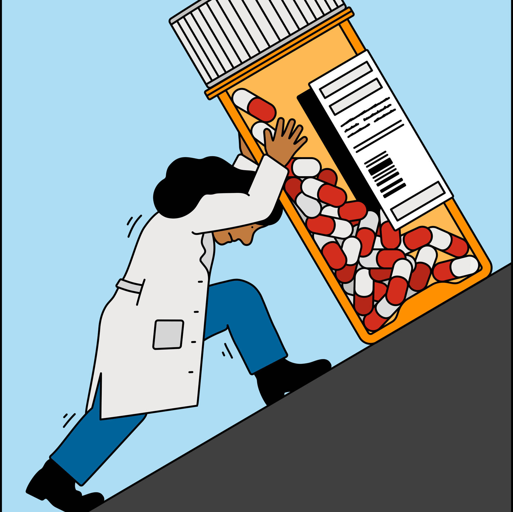 Cartoon Pharmacist Pushing Prescription Container