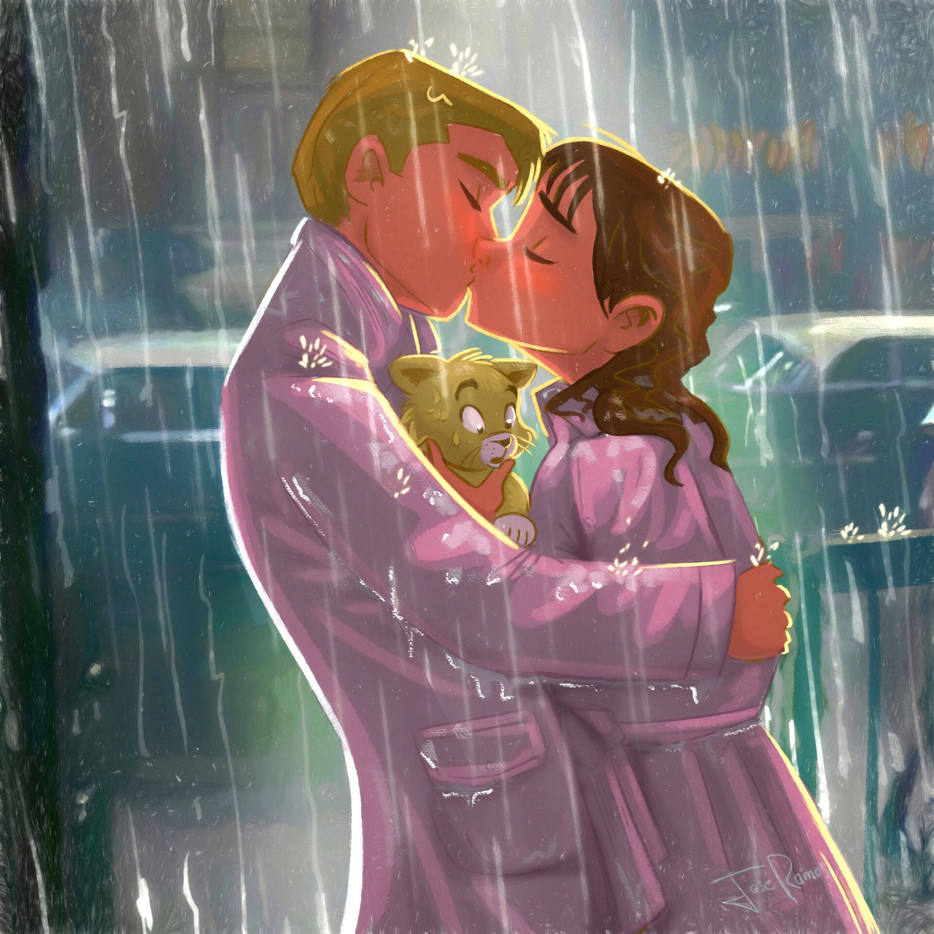 Cartoon Rain Couple Background