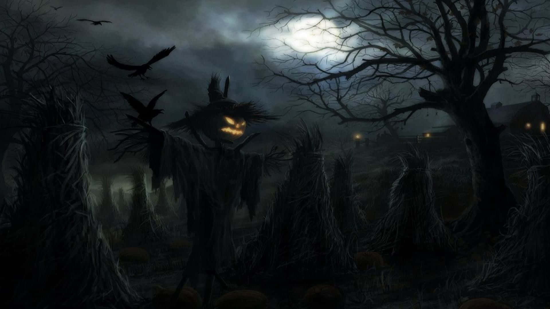 Cartoon Scary Cat Near Scarecrow Background