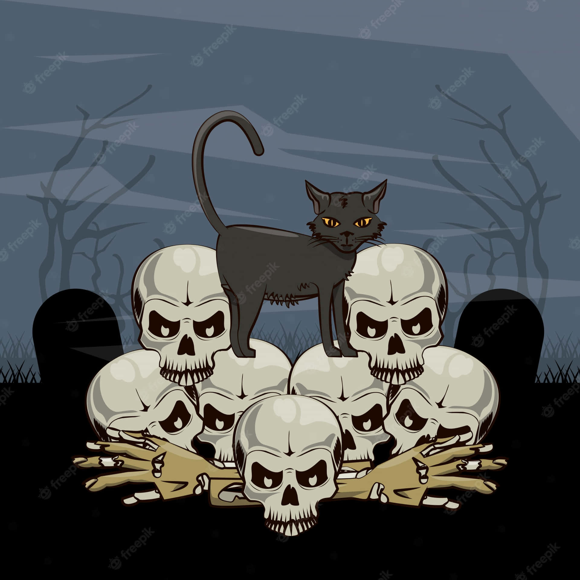 Cartoon Scary Cat On Skulls