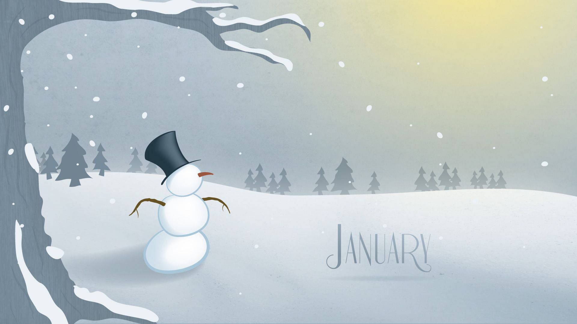 Cartoon Snowman January Winter Landscape Background