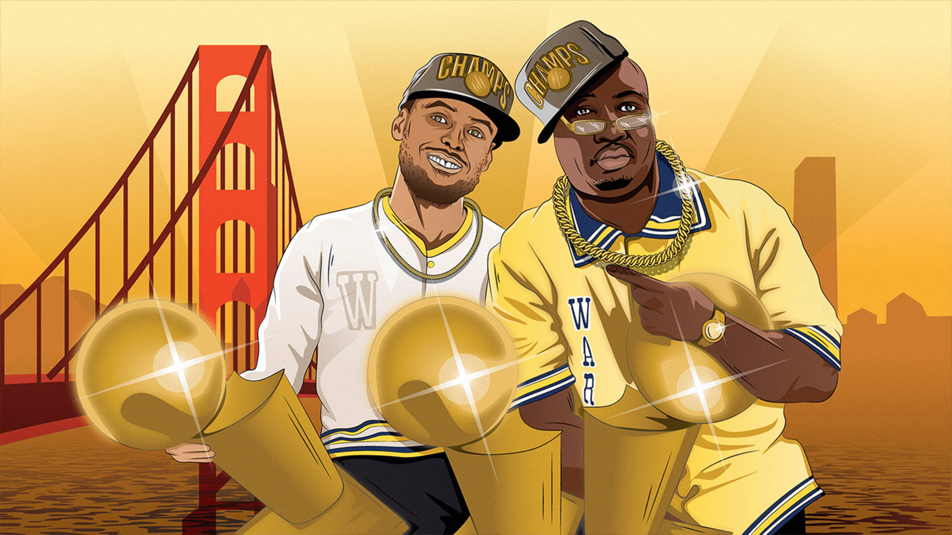 Cartoon Stephen Curry With Trophies Background