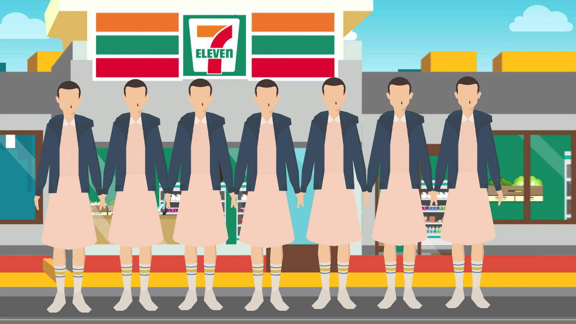 Cartoon-style Illustration Of A 7-eleven Convenience Store Background