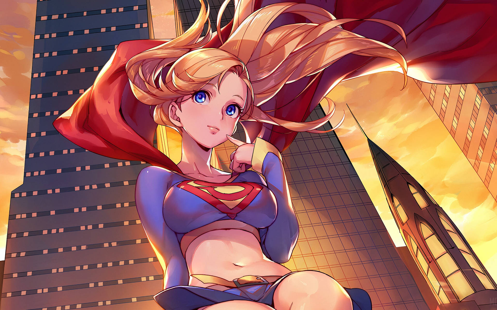 Cartoon Supergirl Under City Buildings