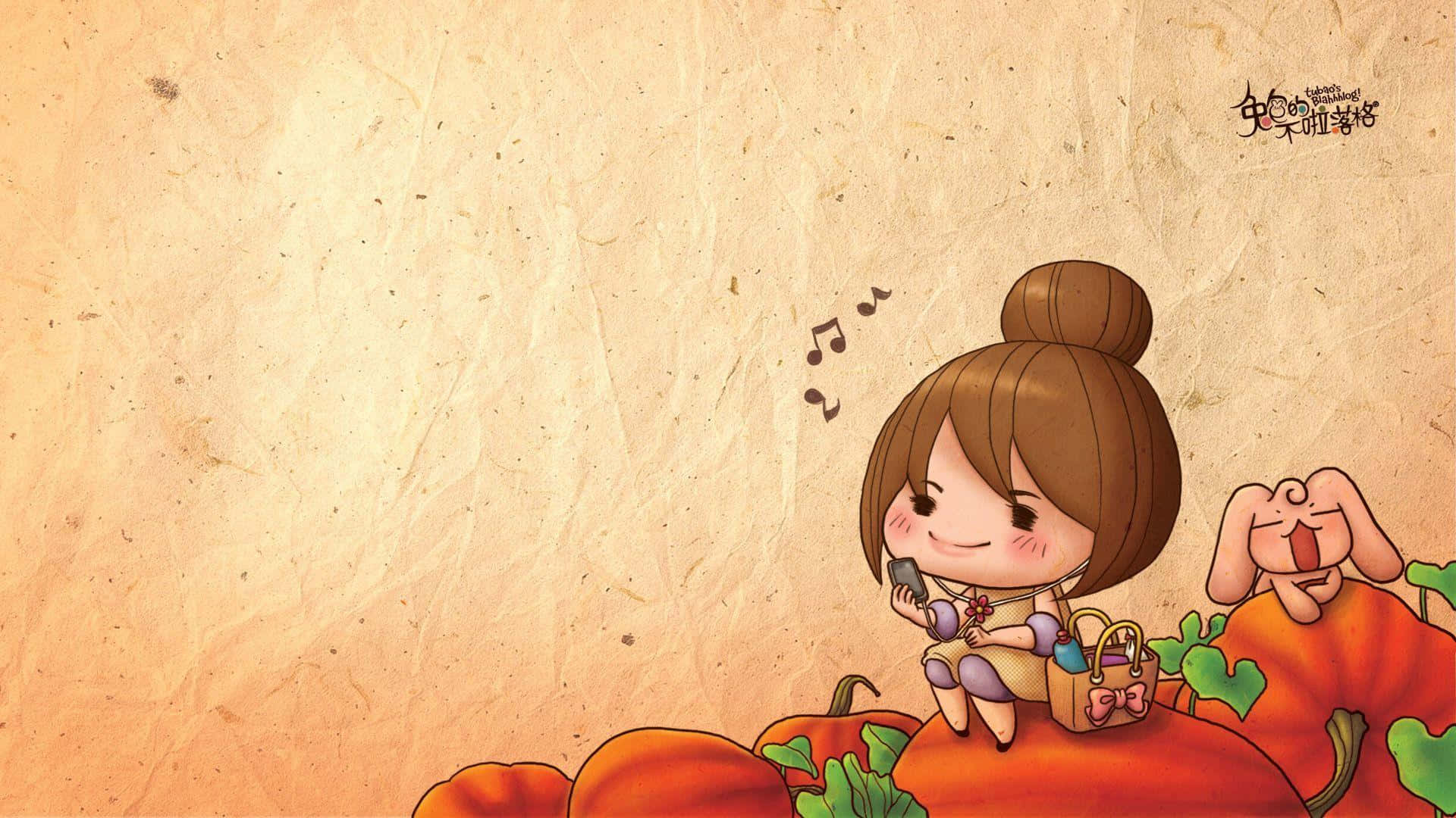 Cartoon Thanksgiving Girl Sitting On Pumpkins Background