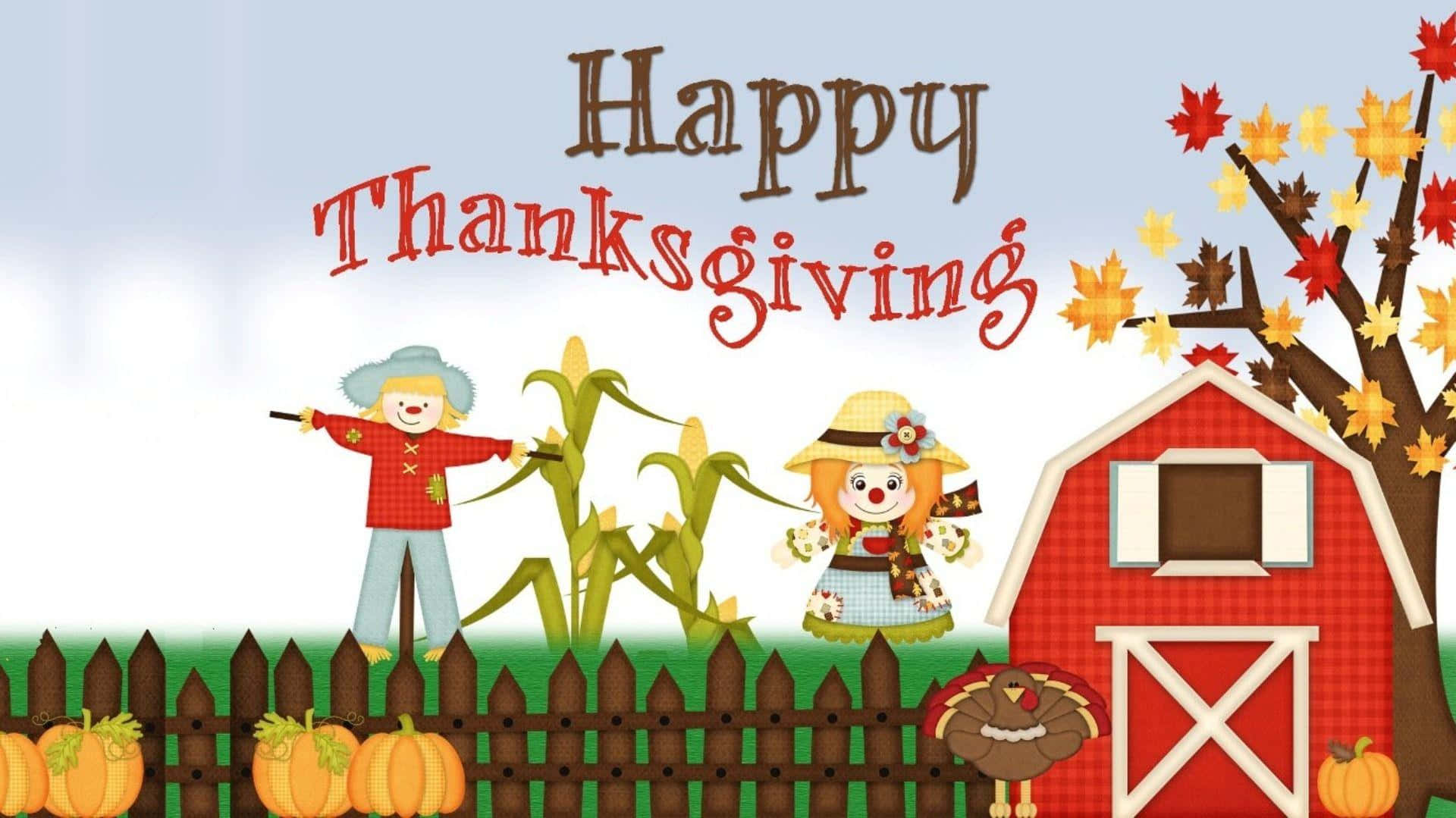 Cartoon Thanksgiving Greetings With Scarecrows Background